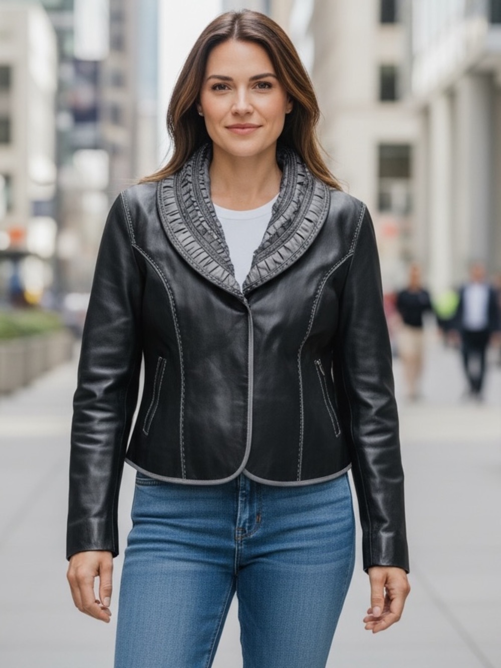 Pamela McCoy Genuine Black Leather Gray Trim